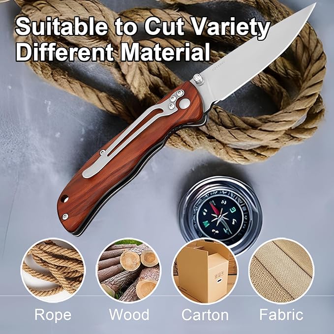 Vickay Pocket Knife for Men, Folding Knife with Clip, 3.74" 8Cr13MoV Steel Blade, Wood Handle EDC