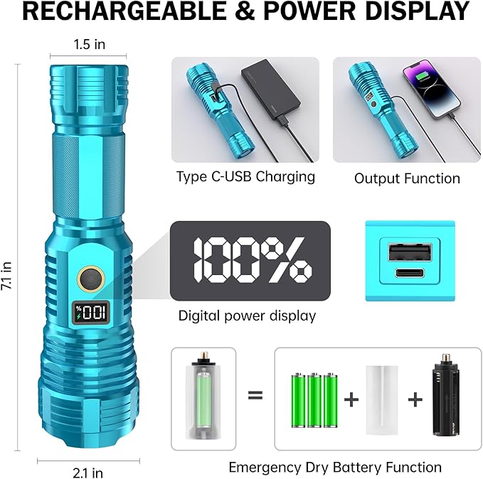 Flashlights High Lumens Rechargeable, LED Super Bright Flash Light Long Beam, Zoomable Linternas