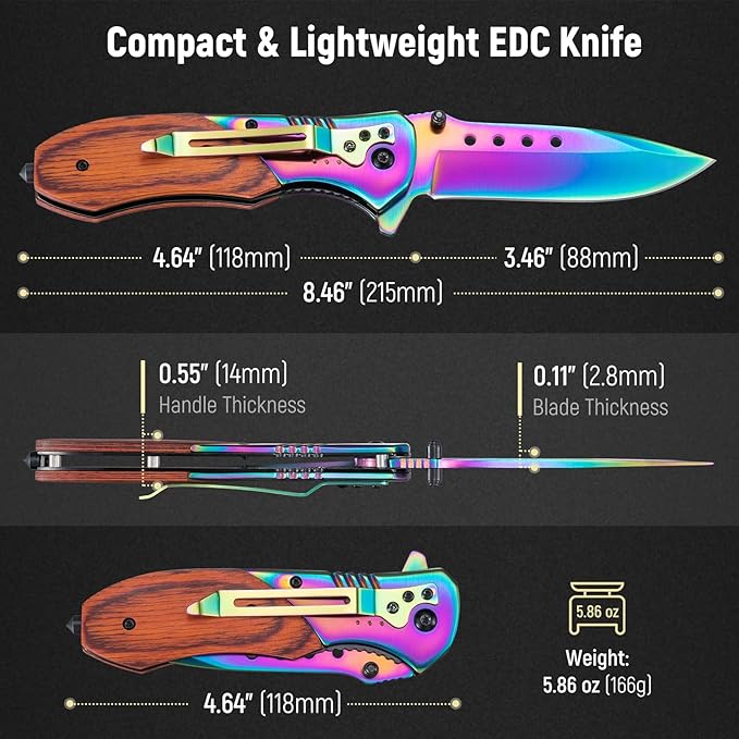 Pocket Knife for Men - 3.46" Sharp Blade Wood Handle Pocket Folding Knives with Clip, Glass Breaker
