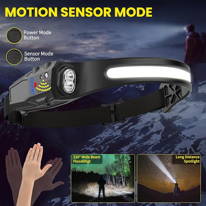 Headlamp Rechargeable 6Pack, 230° Wide Beam LED Headlamp, 7Mode Headlamps for Adults, Head Lamp