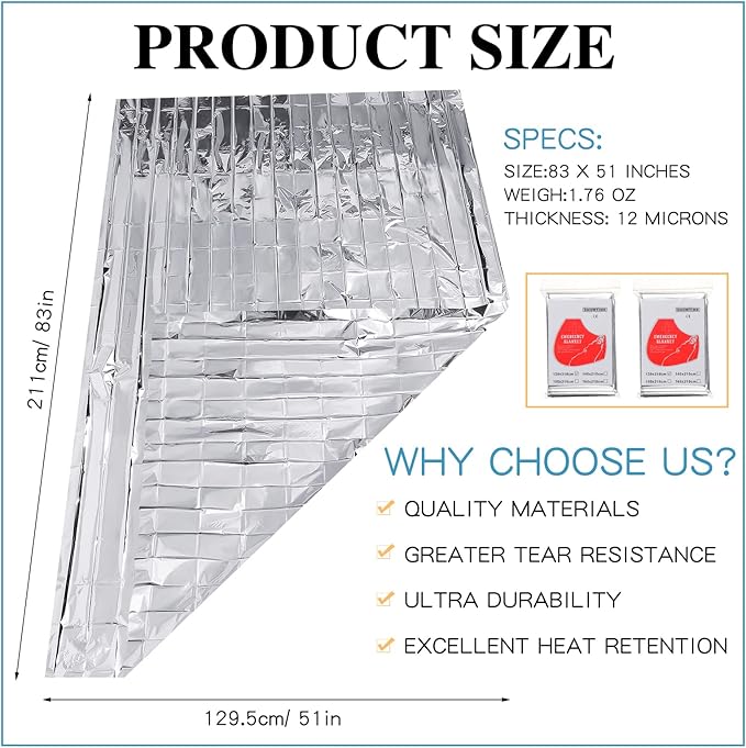 Macarrie 100 Pack Emergency Thermal Blankets Silver Foil Survival Blanket Kit for Outdoors