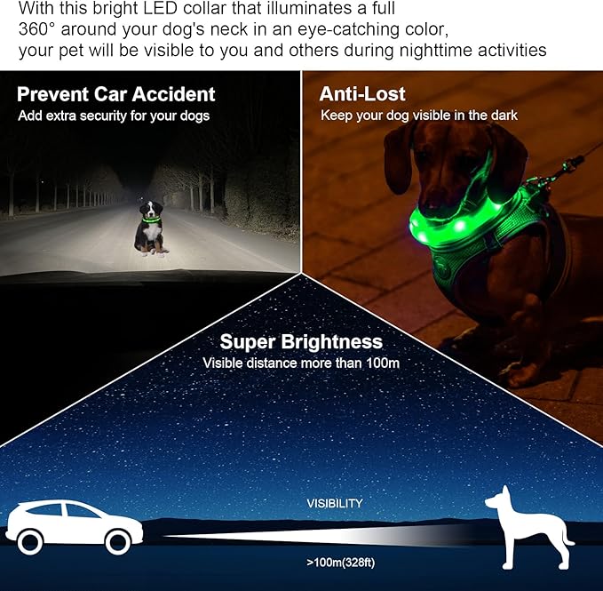 CHUKCHI LED Dog Collar Rechargeable,Waterproof Flashing Collar,Light Up Glow Collar, Adjustable