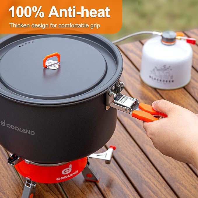 Odoland Camping Cookware Mess Kit, Camping Cooking Pot Fry Pan and 1.1L Kettle Set, Portable