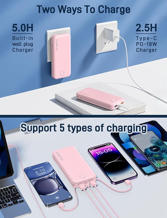 Portable Charger with Built in Cable and AC Wall Plug, USB C Power Bank 12000mAh 22.5W Super Fast