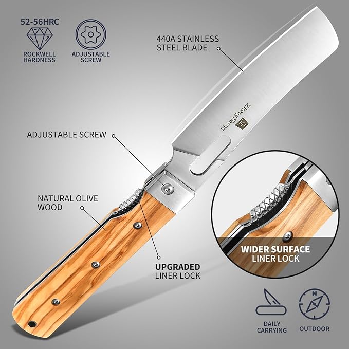 Folding Chef Knife with Leather Pouch 4.8” Sharp 440A Stainless Steel Blade Olive Handle Pocket