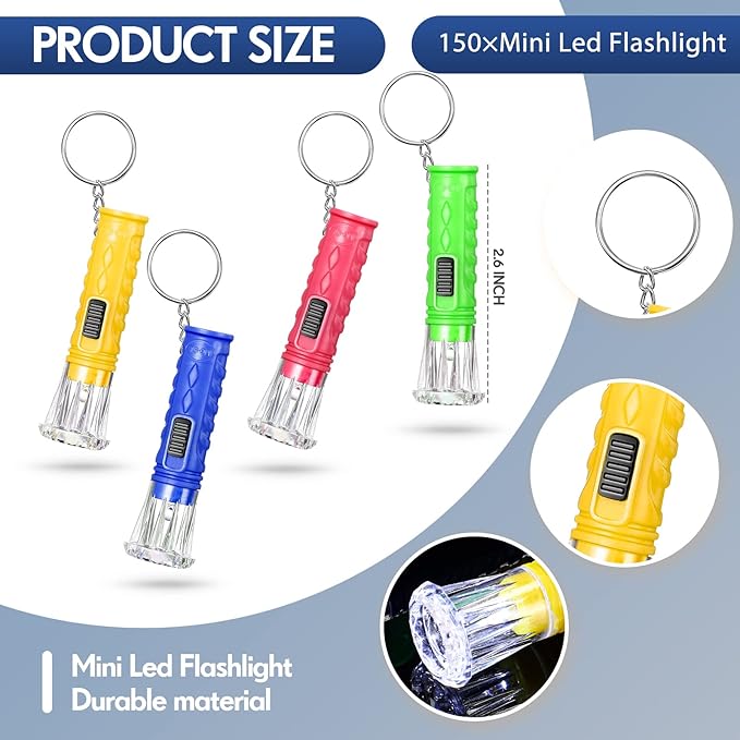 Jexine 150 Pcs Flashlight Keychain, Assorted Colors Portable LED Flashlight, Handheld Plastic