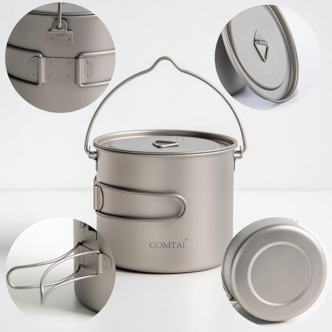 1100ml Titanium Camping Pot with Lid & Bail Handle, Lightweight Backpacking Cookware for Outdoor
