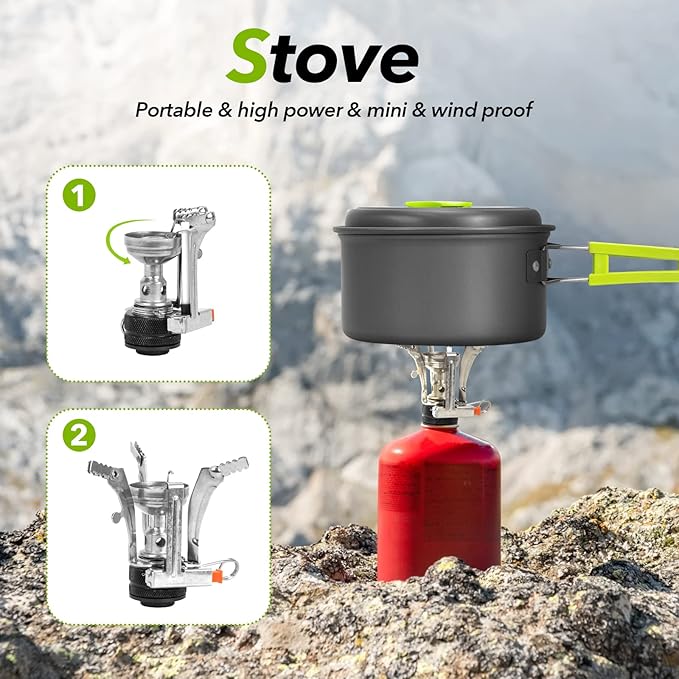 15pcs Camping Cookware Mess Kit,Non-Stick Lightweight Pots Set Portable Outdoor Cookware for