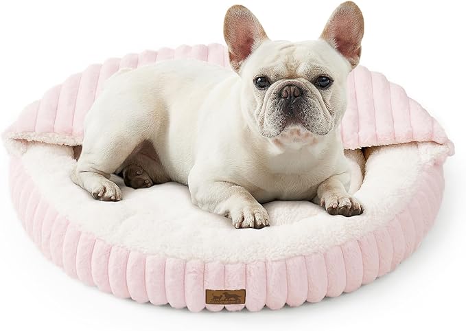 Small Dog Bed with Hooded Blanket, Round Fluffy Anti-Anxiety Pet Bed for Small Dogs & Medium Dogs