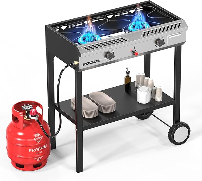 ROVSUN 2 Burner Outdoor Propane Gas Stove with Auto-ignition, Regulator & Shelf, 150,000 BTU