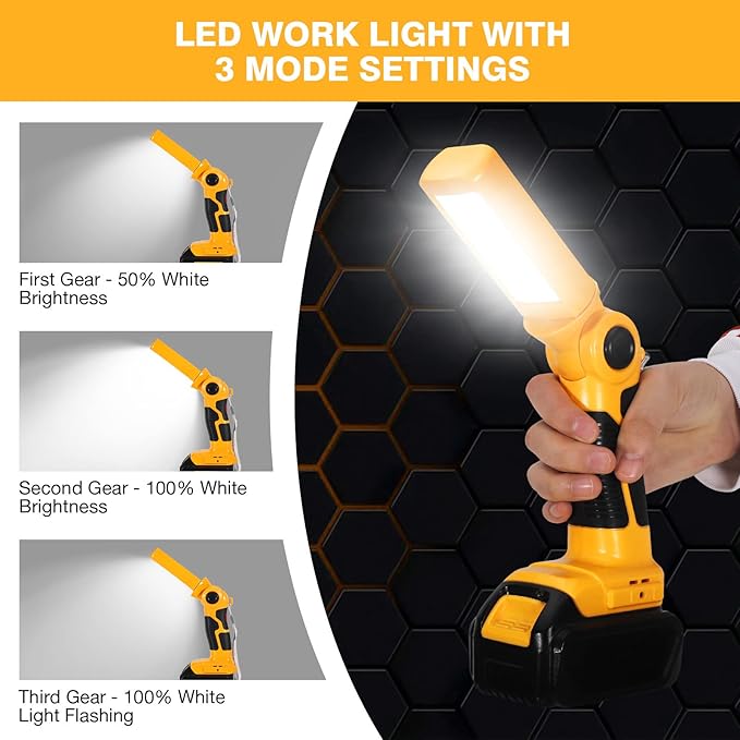 YEX-BUR Led Work Light for Dewalt 20v Battery, 12W 1000LM Cordless Handheld Spotlight with USB Port