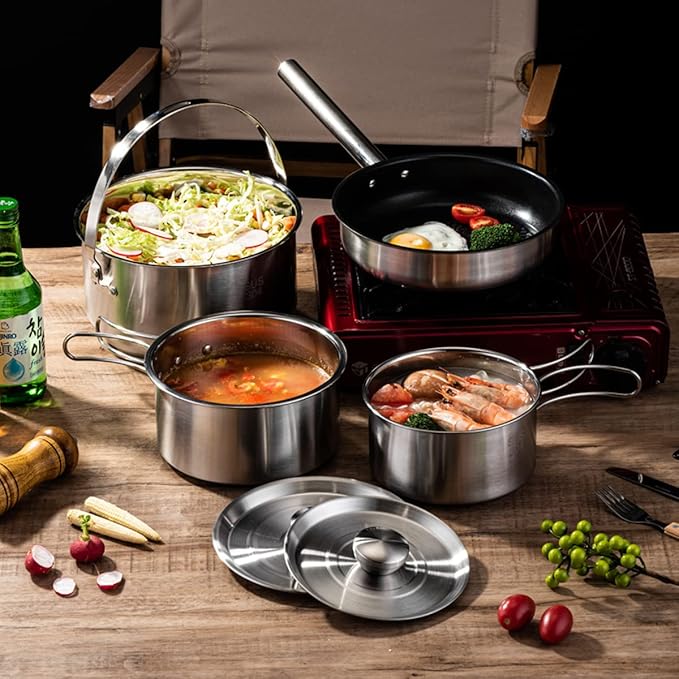 304 Stainless Steel Camping Cookware Set, Pots and Pans for Campfire Cooking, Includes Travel Tote
