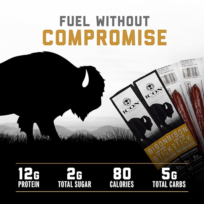 ICON Meats Bison and Pork Snack Sticks - Honey BBQ Flavor - 24 Pack of Individually Wrapped Jerky