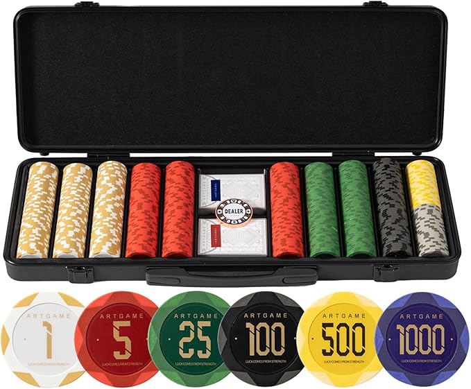 ARTGAME 14g Clay Poker Chips Set for Texas Hold’em, 500 PCS [with Numbered Values] with Chip Case