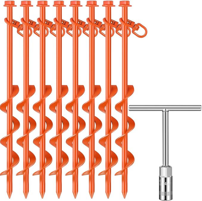 8 Pcs Ground Anchors Screw in, 12 Inch Heavy Duty Tent Stakes with Trampoline Anchor Hook Ground