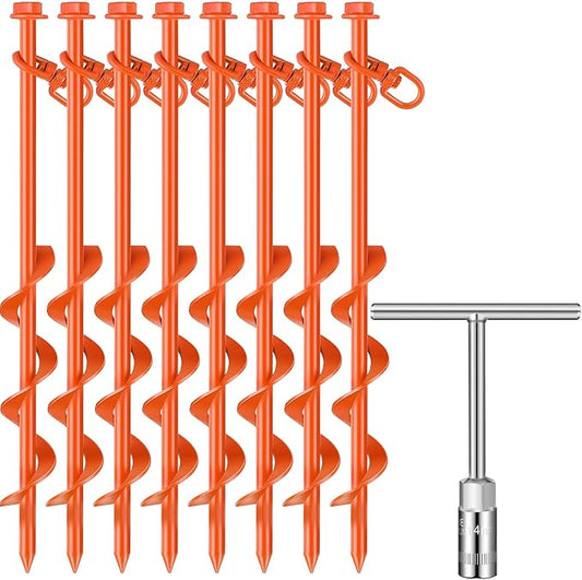 8 Pcs Ground Anchors Screw in, 12 Inch Heavy Duty Tent Stakes with Trampoline Anchor Hook Ground