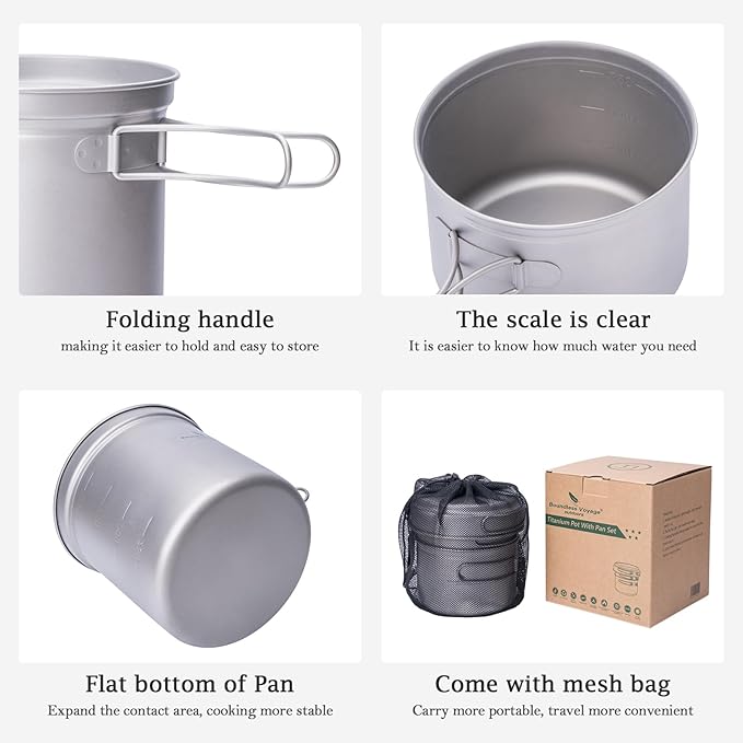 iBasingo Titanium Pot Pan Set with Folding Handle - Ultralight Portable Outdoor Cookware Mess Kit
