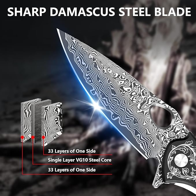 KOMWERO Damascus Pocket Knife with 2.95" VG10 Steel Blade, Folding Knife with Aluminum Alloy