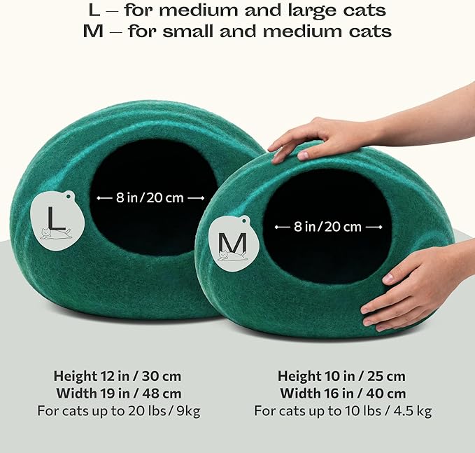 MEOWFIA Cat Cave ??Premium Felt Cat Bed for Indoor Cats, Handmade 100% Merino Wool (Large, Emerald)