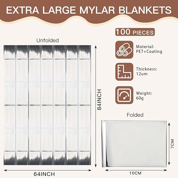 Kanayu 100 Pack Emergency Thermal Blankets Bulk 64 x 84 Disposable Foil Space Blankets for Survival
