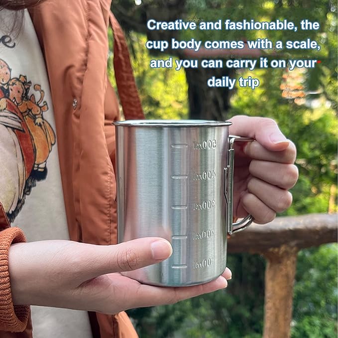 Stainless Steel Camping Cup, 17oz Fireproof Metal Cup with Lid and Foldable Handle, High