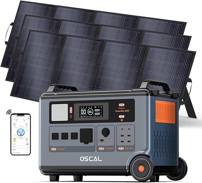 OSCAL PowerMax 6000 Solar Generator with 3×400W Solar Panel, 120V/240V Split Phase Voltage 6000W AC