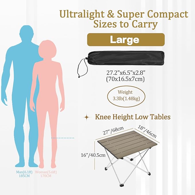 Grope Small Folding Camping Table with Aluminum Table Top, Beach Table for Sand with Carrying
