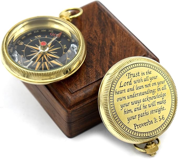 Trust in The Lord With All Your Heart - Proverbs 3:5-6 Quote Engraved Compass With Wooden Box