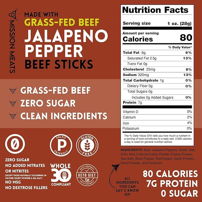 Mission Meats Beef Sticks – 100% Grass Fed & Pasture Raised, Sugar Free, Individually Wrapped