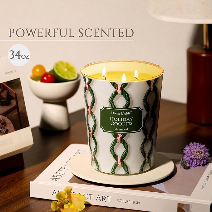 HomeLights Holiday Cookies Scented Candles | 34oz Soy Candles Rustic Modern 3-Wick Large Candle