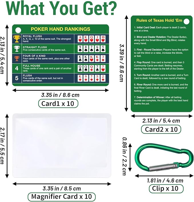 10-Pack (20 Cards) Poker Hand Rankings Cards Set with Magnifier & Clip, Texas Hold'em Cheat Sheet &