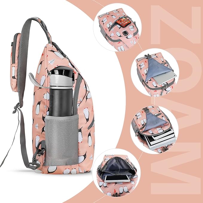 ZOMAKE Sling Bag, Penguin Pink, Nylon, 5 Separate Compartments, 10" iPad Compartment, Anti-Theft