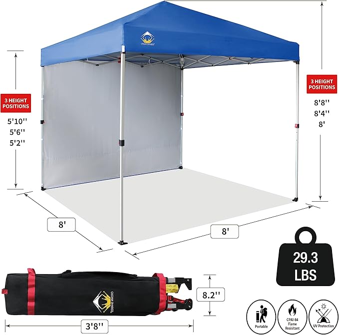 CROWN SHADES 8x8 Pop Up Canopy with 1 Side Wall - Beach Tent with One Push Setup - Outdoor Sun