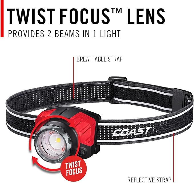 Coast® FL85R 1000 Lumen Tri-Color (White/Red/Green) Focusing Rechargeable LED Headlamp, Built-in
