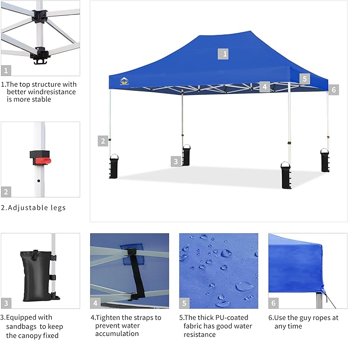 CROWN SHADES 10x15 Pop Up Canopy Tent, Thicken Frame Commercial Heavy Duty Tent, 8 Stakes & 4