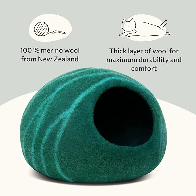 MEOWFIA Cat Cave ??Premium Felt Cat Bed for Indoor Cats, Handmade 100% Merino Wool (Large, Emerald)