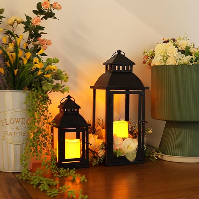 DECORKEY LED Lanterns Decorative Outdoor&Indoor, Set of 2 (17’’&11’’) Large Black Metal Lantern
