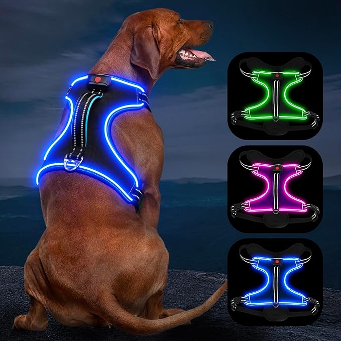 Light Up Dog Harness, No Pull LED Dog Harness with Handle, Rechargeable Lighted Safety Vest for