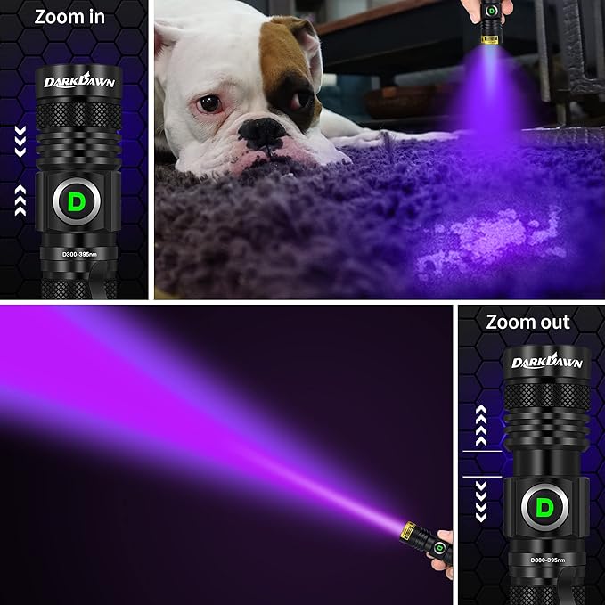 DARKDAWN UV 395nm Light Flashlight USB Rechargeable Ultraviolet LED Woods Lamp Portable Blacklight