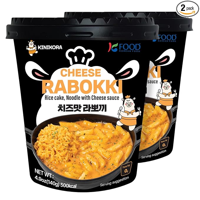 KINIKORA Premium Instant Rabokki Cup - Cheese Flavor, 2 Cups, Korean Ramen & Tteokbokki, Quick and