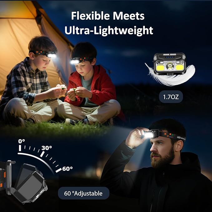 LHKNL Headlamp Rechargeable, Lumen Super Bright Motion Sensor Head Lamp Flashlight,2-Pack