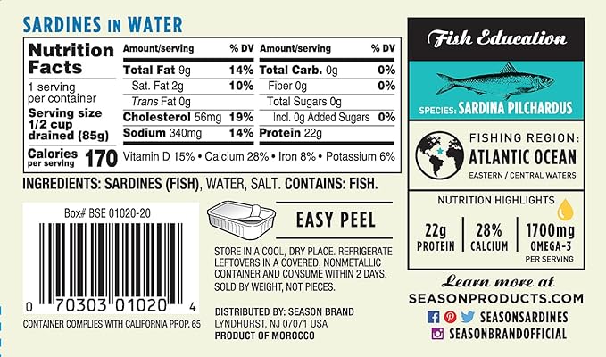 Season Sardines in Water - Wild Caught Fish, 22g of Protein, Keto Snacks, More Omega 3's Than Tuna