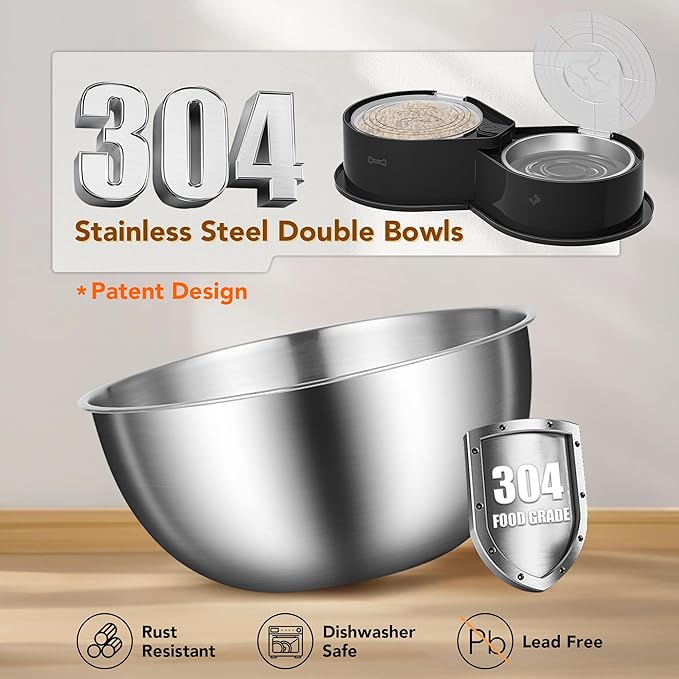 Stainless Steel Dog Bowl Set with Lids, 304 Metal Dual Food & Water Bowls for Dogs & Cats, Foldable
