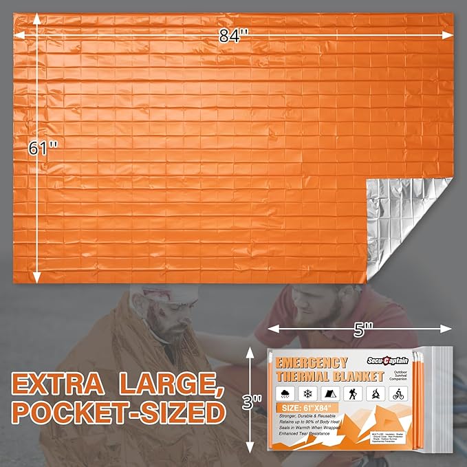 SecuCaptain Survival Emergency Thermal Blankets: Thicken 28um Space Mylar Blanket Kit for Outdoor
