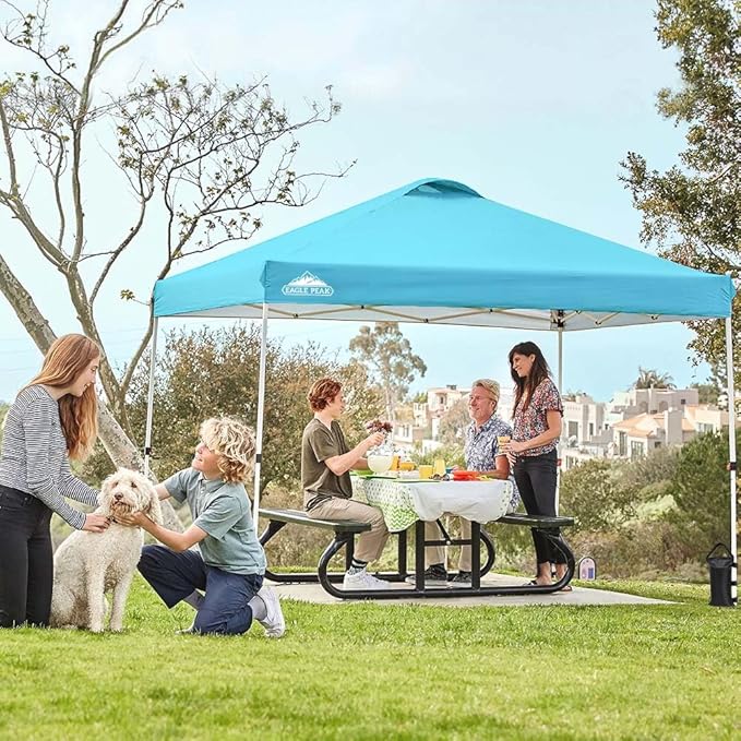 EAGLE PEAK Pop Up Canopy Tent with Wheeled Carry Bag, 8 Stakes, 4 Ropes, 4 Weight Bags, Easy Set Up