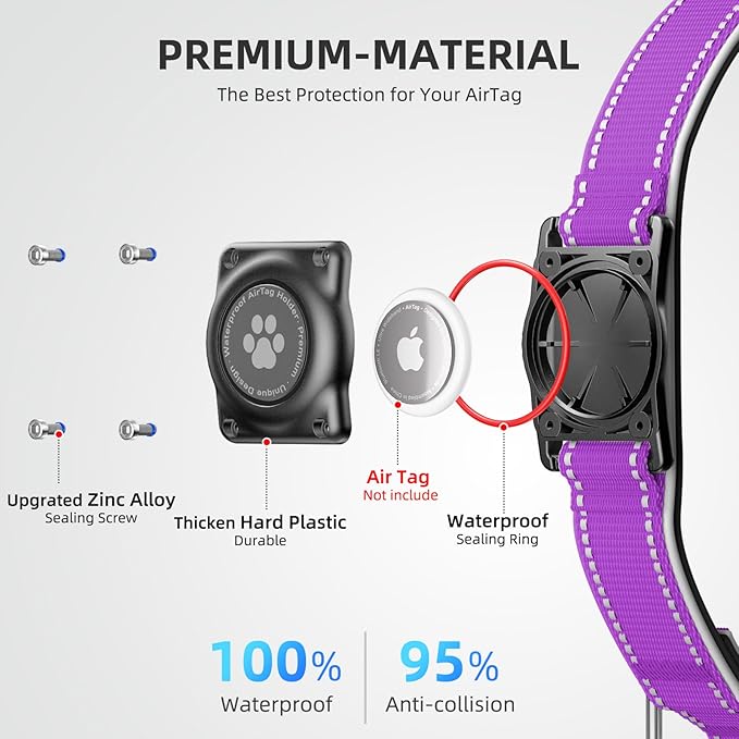 Airtag Dog Collar - 100% Waterproof AirTag Holder, Reflective, Soft Padded, Everlasting GPS Collar