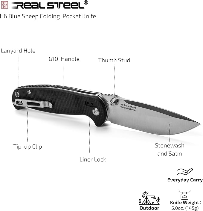 REALSTEEL H6 Blue Sheep Folding Pocket Knife, Liner Lock, 3.74" 14C28N Stonewash Blade, Thumb Stud