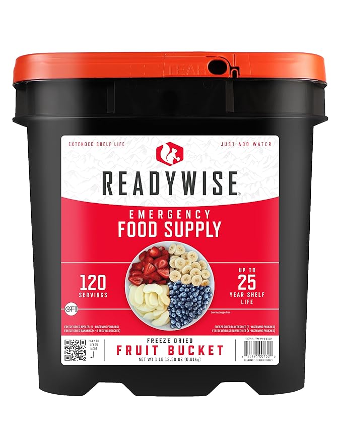 ReadyWise Emergency Food Supply - 120 Servings Fruit Bucket, Nutritious Meals, Dehydrated & Freeze