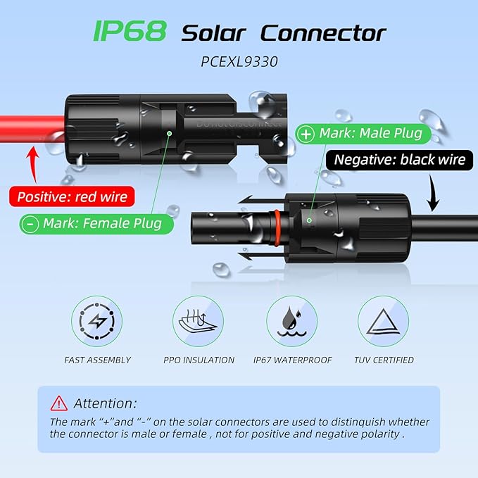100FT 12AWG Solar Panel Extension Cable, Bateria Power 12 Gauge 4mm² PV Wire with Female & Male