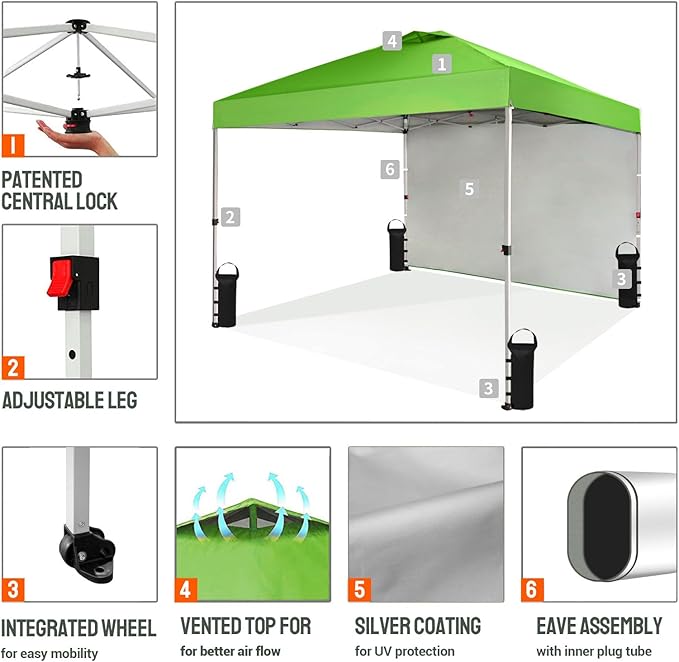 CROWN SHADES 10x10 Pop Up Canopy with 1 Side Wall - Beach Tent with One Push Setup - Outdoor Sun